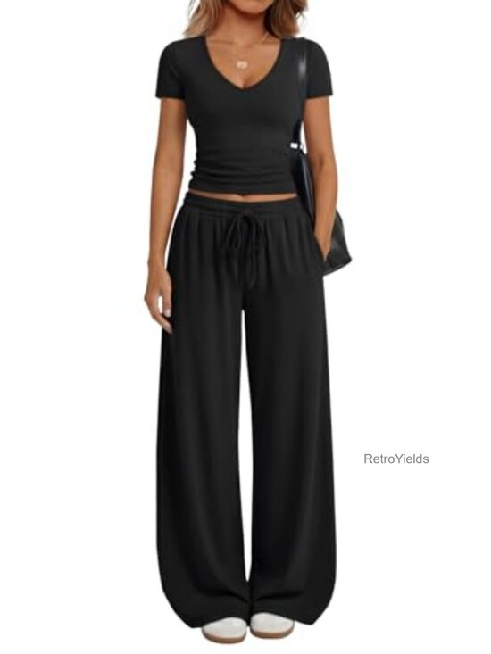 Pants - 2 Piece Loungewear Sets for Women 92% Rayon 8% Spandex Wide Leg Pants with V